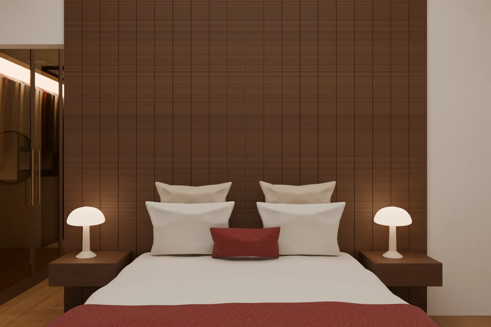 Bed against a walnut panelled wall with two mushroom lamps