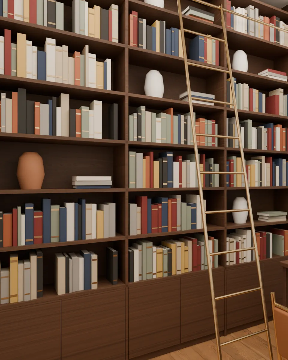 Floor-to-ceiling walnut library with a rolling brass ladder